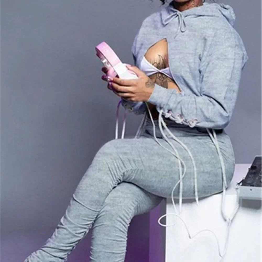 Stasia Laced & Ruched: Kesha Gray Cut Out Cropped Hoodie & Jogger Set - Picture 2 of 3